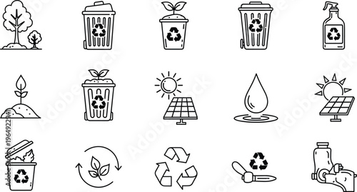 Eco Friendly Waste Management Icon Set with Recycling Bins, Solar Energy, Water Conservation, Composting Symbols, and Sustainable Environment Line Vector Collection.