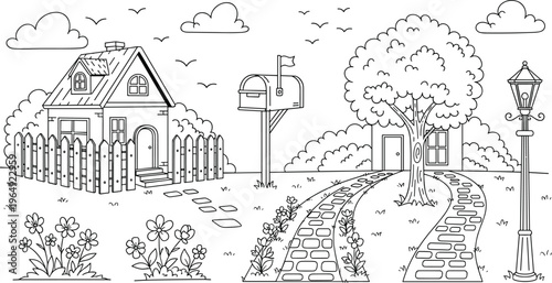Cozy House and Garden Pathway Scene with Tree, Mailbox, and Street Lamp Illustration