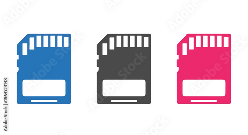 Three colorful SD cards in blue, gray, and pink on a white background, arranged horizontally.