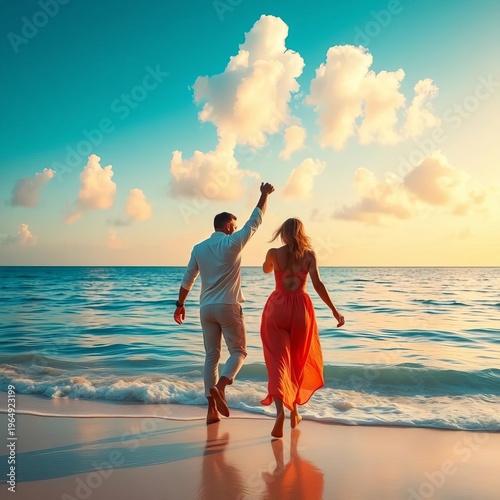 Two figures walk hand-in-hand, celebrating love against a vibrant ocean backdrop ,  together,  holiday