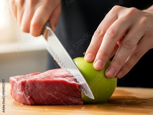 Juxtaposition of raw beef and green apple being cut with shiny knife