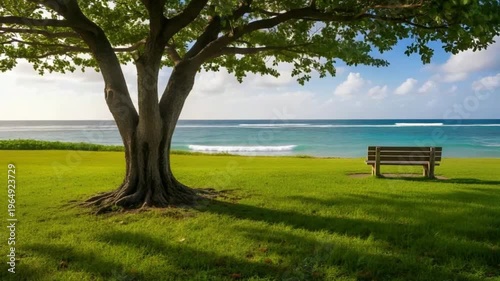 Peaceful Tropical Beach Park with Tree Shade, Wooden Bench, Calm Ocean and Blue Sky Cinematic View