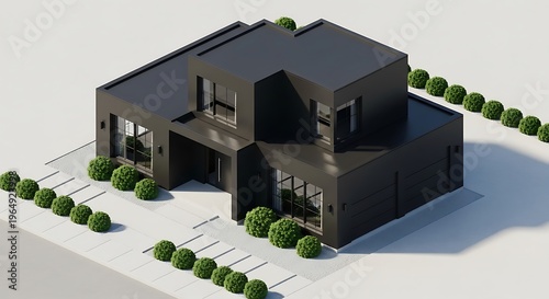 Modern minimalist dark house with neat landscaping architectural concept