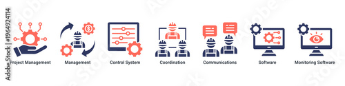Management System web banner icon vector illustration with icons of Project Management,Management,Control System,Coordination,Communications,Software and Monitoring Software
