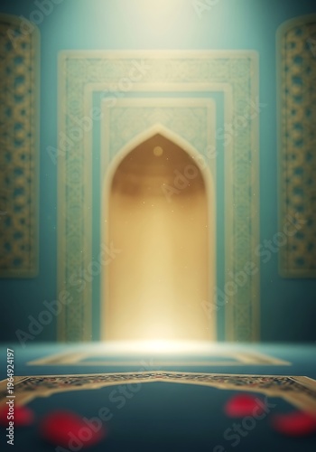 Mystical islamic architecture with illuminating arch and floral details