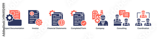 Documentation Flow web banner icon vector illustration with icons of Project Documentation,Invoice,Financial Statements,Completed Form,Company,Consulting and Coordination