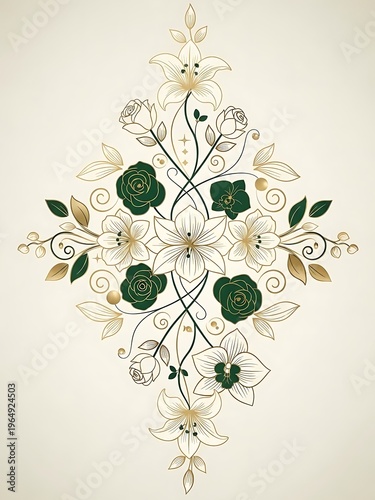 Ornate floral arrangement in gold and green diamond shape pattern