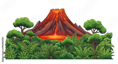 Pixel Art Volcano Erupting Lava Flow in Lush Tropical Forest Landscape