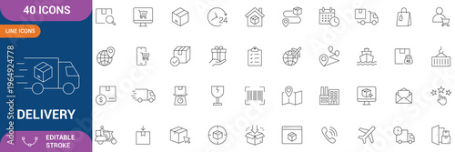 Delivery Icon Set. delivery, shipping, courier, logistics, transport, package, parcel, online order, e-commerce delivery, service, vehicle, route, packaging and etc. line Icon. Editable stroke. Vector