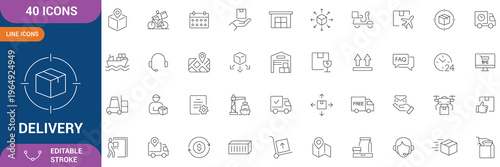 Delivery Icon Set. delivery, shipping, courier, logistics, transport, package, parcel, online order, e-commerce delivery, service, vehicle, route, packaging and etc. line Icon. Editable stroke. Vector