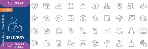 Delivery Icon Set. delivery, shipping, courier, logistics, transport, package, parcel, online order, e-commerce delivery, service, vehicle, route, packaging and etc. line Icon. Editable stroke. Vector