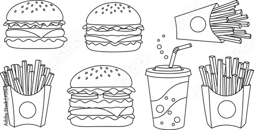 Fast Food Icons Set with Burgers, Fries, and Drink for Restaurant and Snack Illustrations