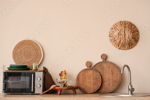 Sink, microwave oven, shelv...