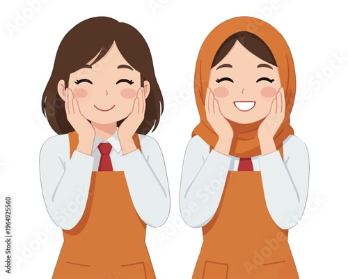 Happy Cartoon Girls in School Uniforms Illustration, Vector Art with Blushing Expressions for Education and Design