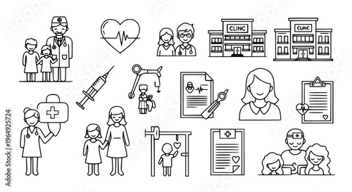 Detailed family health clinic outline icon set with patient care and medical service illustrations
