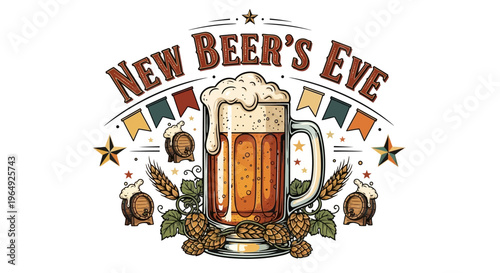 Illustration of a beer mug with frothy head surrounded by hops and grains on a white background with colorful flags for a New Beer's Eve celebration