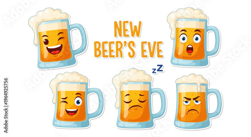 Illustration of beer mugs with various emoticons celebrating New Beer's Eve on a white background with festive vector graphics.