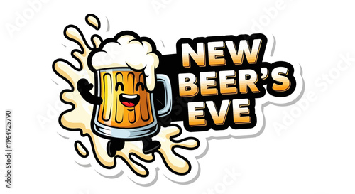 A cartoon beer mug with a cheerful face and foam top celebrates New Beer's Eve with splashes of beer on a white background in a festive and lively mood with bold typography.