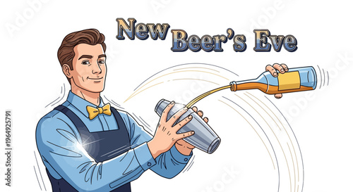 Illustration of a smiling man pouring beer from a bottle into a glass on New Beer's Eve with a festive concept.