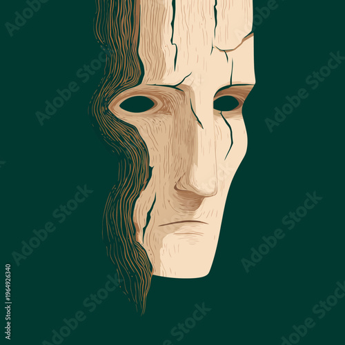 Deeply textured illustration of a solemn human face, fragmented and aged like wood, reflecting introspection, vulnerability, and the enduring spirit amidst change and the passage of time