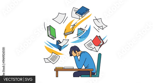 Overwhelmed student struggling with studies, books and papers flying around