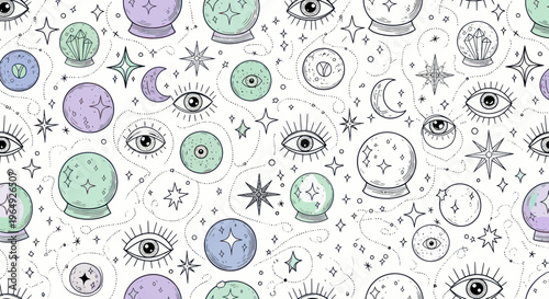Mystical Fortune Telling Pattern: Crystal Balls, Eyes, Moon, Stars