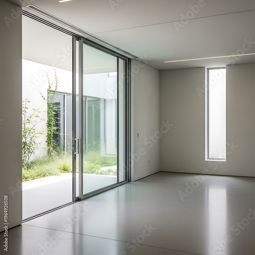 Sleek minimalist interior featuring large sliding doors with courtyard view