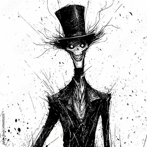 Eerie Skeletal Figure in Top Hat and Suit with Spiky Hair, Gothic Art Style