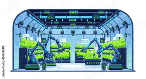 Robotic Arms in Futuristic Greenhouse, Automated Vertical Farming, Smart Agriculture