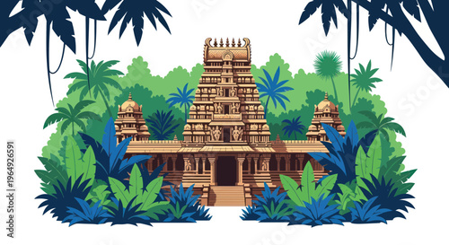 Ancient Indian Temple Architecture Surrounded by Lush Tropical Jungle Foliage