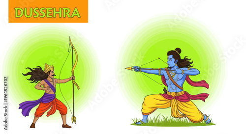 Lord Rama fighting Ravana during Dussehra festival, Indian mythology illustration