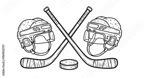 Ice Hockey Equipment: Crossed Sticks, Helmets, and Puck - Line Art