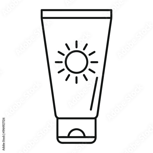 Black outline sunscreen tube with sun symbol on white background icon