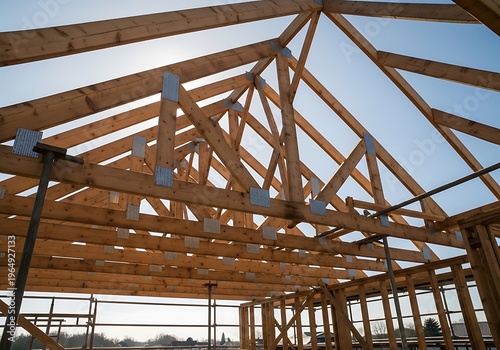 Wooden roof trusses of a house under construction with clear blue sky