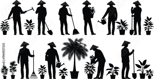 Set of Asian farmer silhouettes wearing conical hats working in garden with tools, plants, and watering cans, isolated on white background