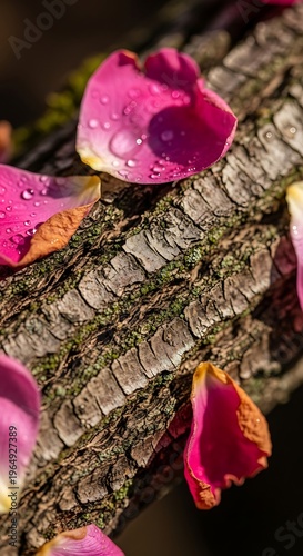 Vibrant pink rose petals on a weathered wooden branch with moss and water droplets