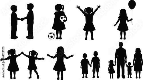 Set of children and family silhouettes featuring kids playing soccer, holding balloons, and parents walking for childhood and parenting concepts.