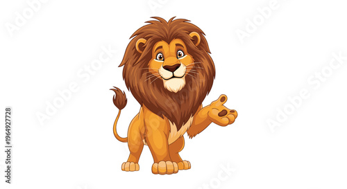 Friendly cartoon lion standing and gesturing with its paw while smiling warmly on a plain white background, great for children's designs.