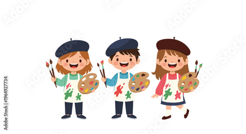 Three happy kids wearing berets and aprons while holding paintbrushes and palettes, showcasing a creative artistic group for children.