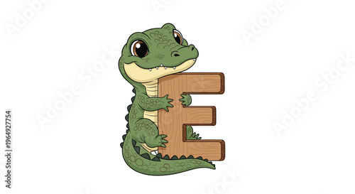 Adorable green baby alligator or crocodile hugging a large wooden letter E, suitable for kids alphabet learning and school decoration.