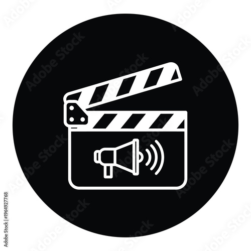 Film clapper board with megaphone icon in white on circle background icon