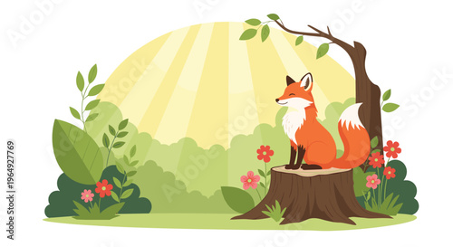 Red fox sitting peacefully on a tree stump in a bright forest clearing with blooming flowers and the sun shining in the background.