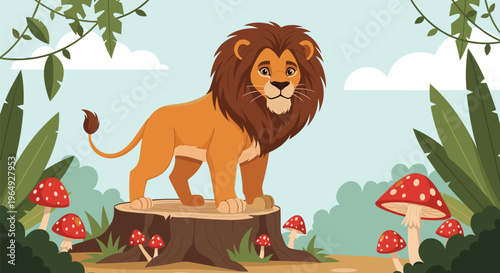 Majestic lion standing proudly on a tree stump in a lush jungle setting with mushrooms, tropical plants, and soft sunlight.