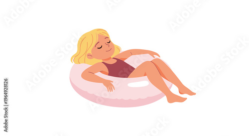 Young girl with blonde hair relaxing and floating in a pink inflatable inner tube, symbolizing summer fun and leisure.