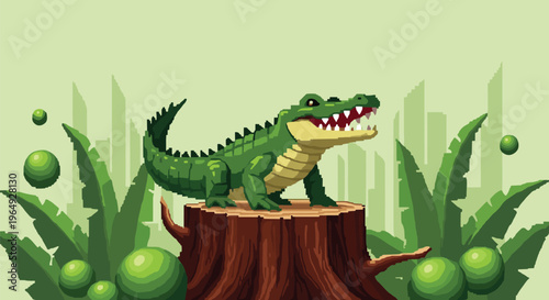 Green crocodile in pixel art style standing on a large tree stump in a swampy jungle environment with green plants.