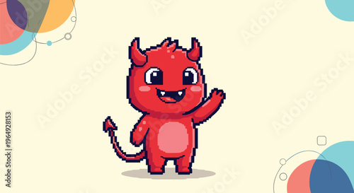 Cute pixel art illustration of a little red devil waving its hand, featuring horns, a tail, and a friendly expression.