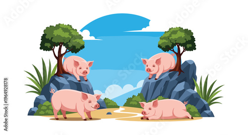 Four pink pigs roaming and resting in a beautiful landscape with rocks, trees, and a distant blue ocean under a clear sky.