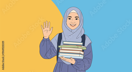 Smiling young Muslim girl wearing a blue hijab and school uniform holding a stack of books and waving her hand.