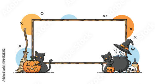 Blank whiteboard with a wooden frame decorated with black cats, pumpkins, a witch hat, and a cauldron for Halloween messages.