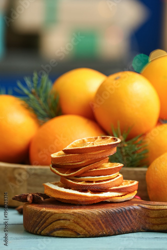Dried orange slices on wood...